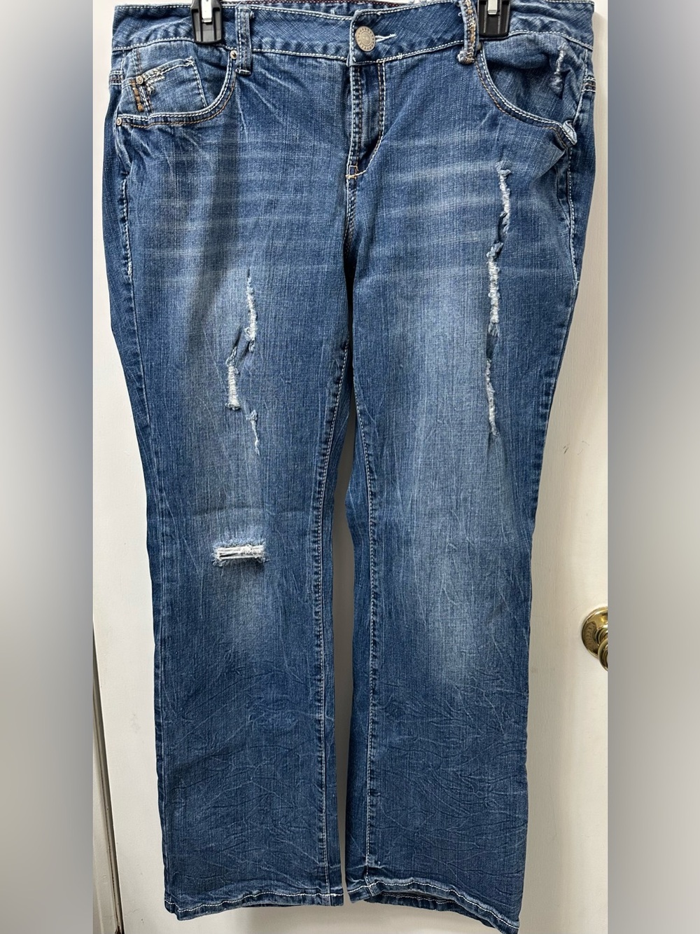 Amethyst Jeans Women's Blue Flare Jeans with Distressed Detail